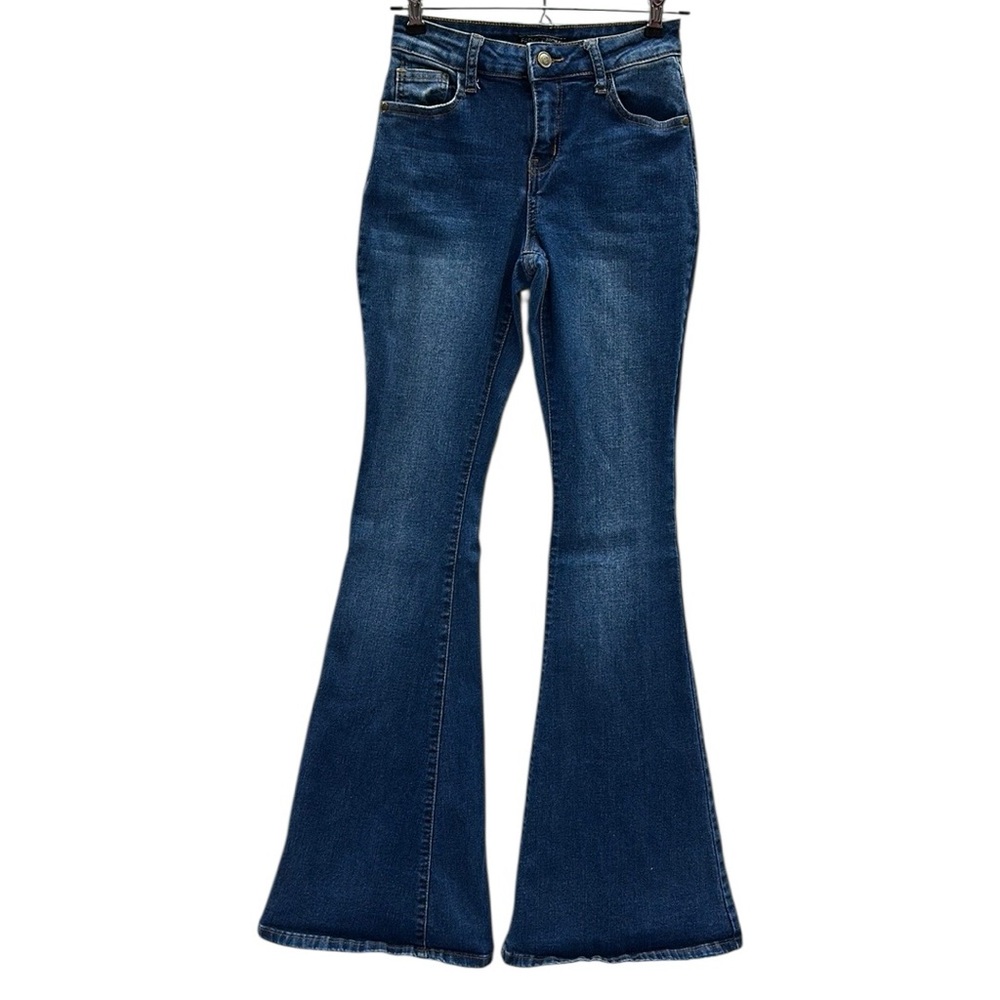 Fashion Nova Flare Bell Bottom Mid Rise Stretch Denim Blue Jeans Womens 0